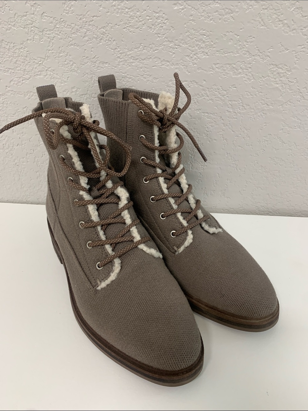Rothy's Taupe Knit Lace-Up Boots with Shearling Trim